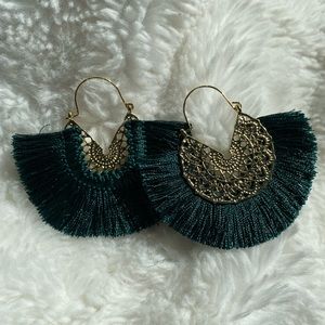 Hunter green and gold tassel earrings